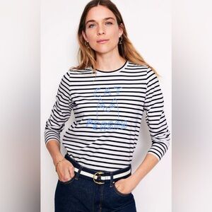 Boden NWT Embroidered Regular T-Shirt Ivory Navy Stripes Cat Person Size Small